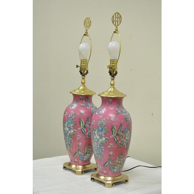 Pair of Vintage Oriental Heyward House Brass Ceramic Pink Floral Table