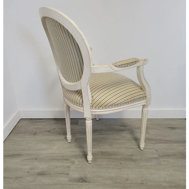 White Ethan Allen Louis XVI French Striped Style Oval Back Armchairs in Distressed White Finish For Sale - Image 8 of 13