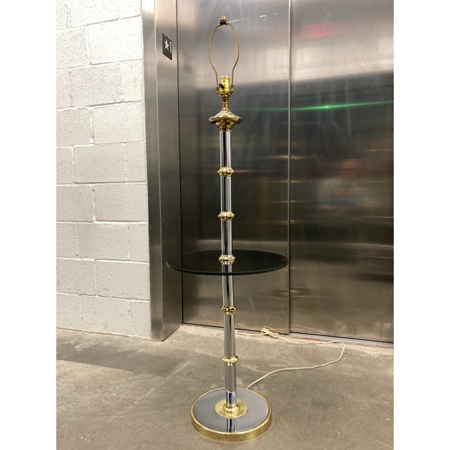 Vintage faux bamboo glass table floor lamp, in chrome, brass, and round thick smoked glass tray table.