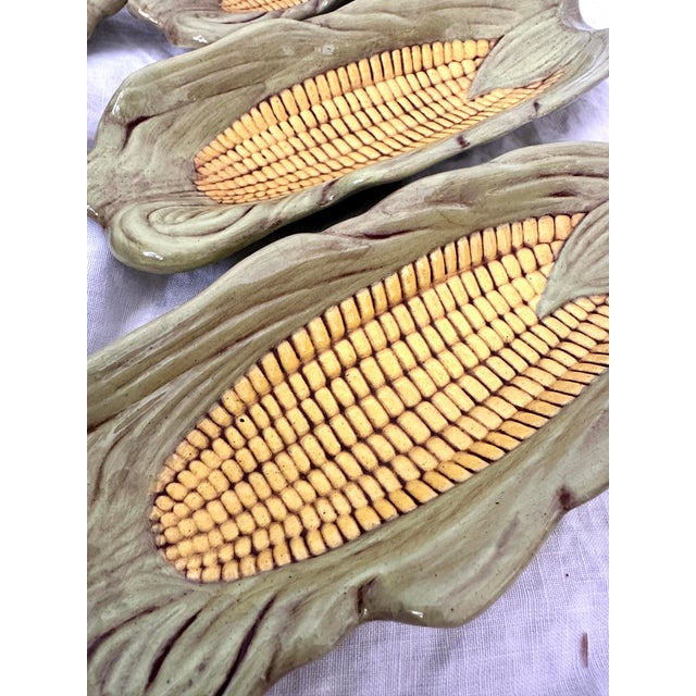 Vintage set of 6 Mcm Majolica style ceramic corn holders. So whimsical and perfect for a bbq get together. 10in w x 3.5in...