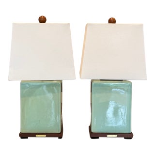 Pair of Lauren Ralph Lauren Celadon Crackle Glazed Porcelain Table Lamps | Coastal Modern Transitional Lighting With Original Shades For Sale