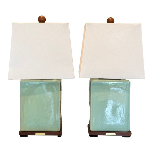 Pair of Lauren Ralph Lauren Celadon Crackle Glazed Porcelain Table Lamps | Coastal Modern Transitional Lighting With Original Shades For Sale