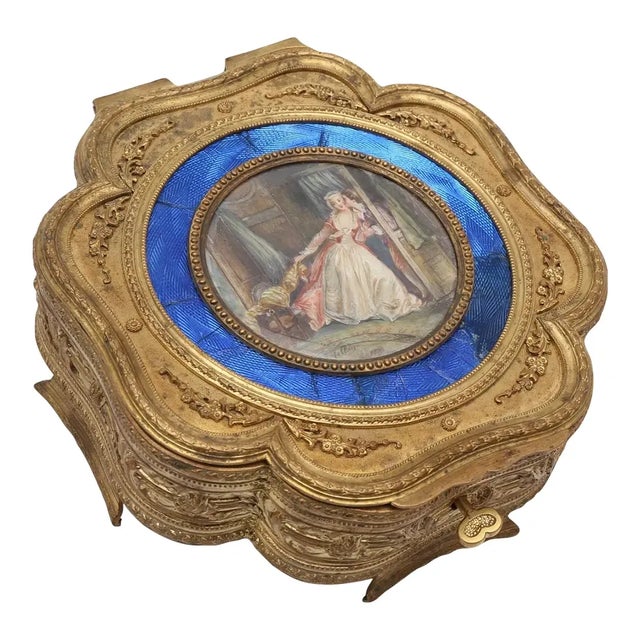 19th Century French Gild Bronze Jewellery Box With Enamel and Painted Medallion, Signed For Sale - Image 11 of 11