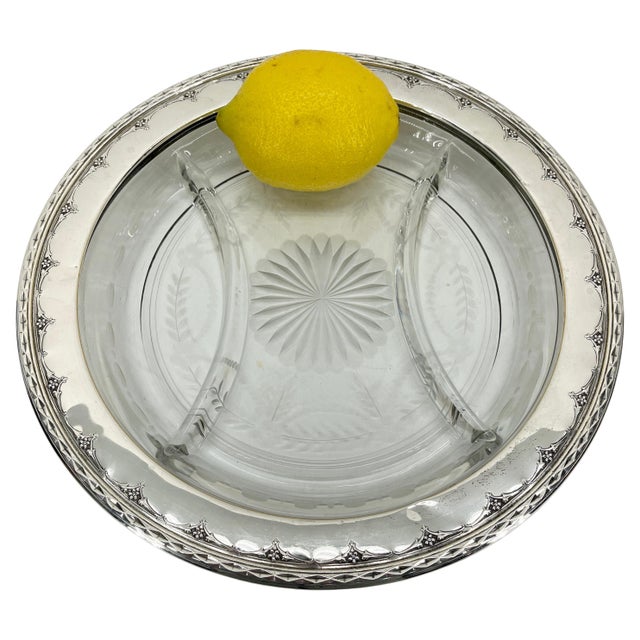 Antique Neoclassical Sterling Silver and Cut Glass Crudité and Condiments Dish. This round and charming silver edged cut...
