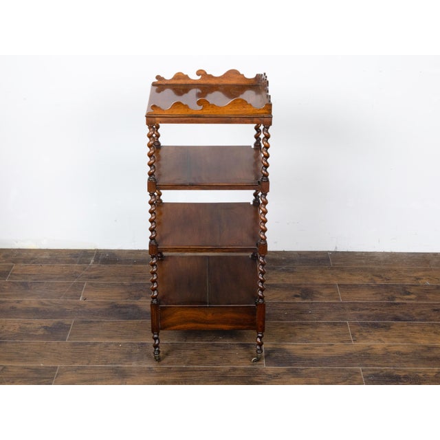 Brown English 19th Century Walnut Barley Twist Tiered Shelf on Casters with Drawer For Sale - Image 8 of 12