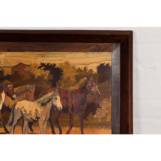 Wood Vintage Inlaid Wood Framed Painting Depicting Four Horses in a Landscape For Sale - Image 7 of 12