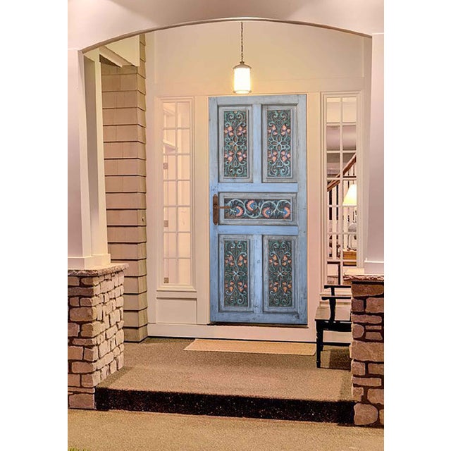 Mediterranean Hand-Carved Door in Distressed Blue With Ornate Floral Panels Custom Size Interior/Exterior For Sale - Image 12 of 18