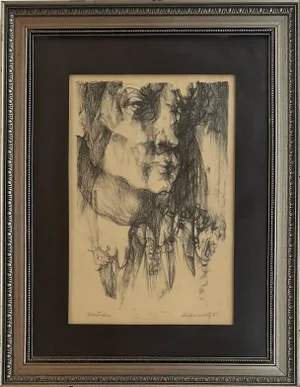 MCM Drawing, Lithograph 1957 Abstracted Male Head, Signed Artist Dean Warnholtz