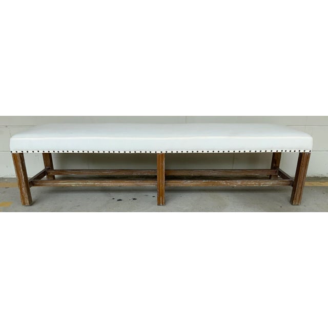 Original Retail $1520, stylish Noir Co. Organic Modern White Sweden Bench, cerused oak finished wood base, bronze nailhead...