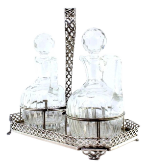 Cruet with Silver Structure and Glass Cruets, Set of 3