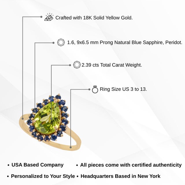 Peridot Blue Sapphire Halo Green 14k Gold Ring Size 7, Fine Jewelry by VRJewels For Sale - Image 12 of 18