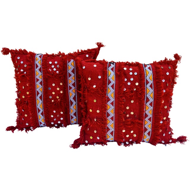 Vintage Moroccan Striped & Fringed Windowpane Pillows - Set of 2 For Sale - Image 9 of 9