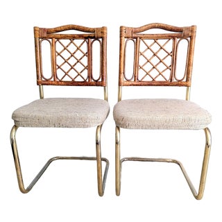 1980s Rattan and Brass Cantilever Chairs - A Pair by Cramco For Sale