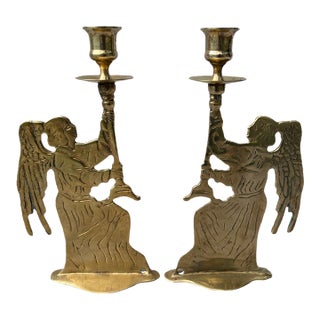 Vintage Brass Angel Figural Candlesticks Holders a Pair For Sale