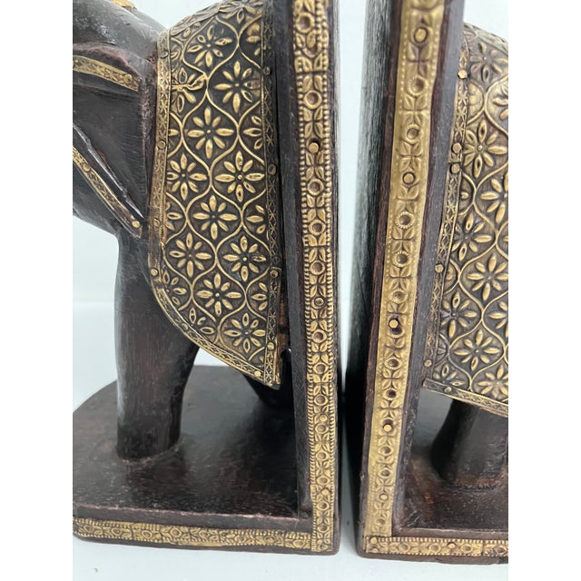 Vintage Carved Wooden Elephant Bookends With Brass Inlay – Pair For Sale In Orlando - Image 6 of 10