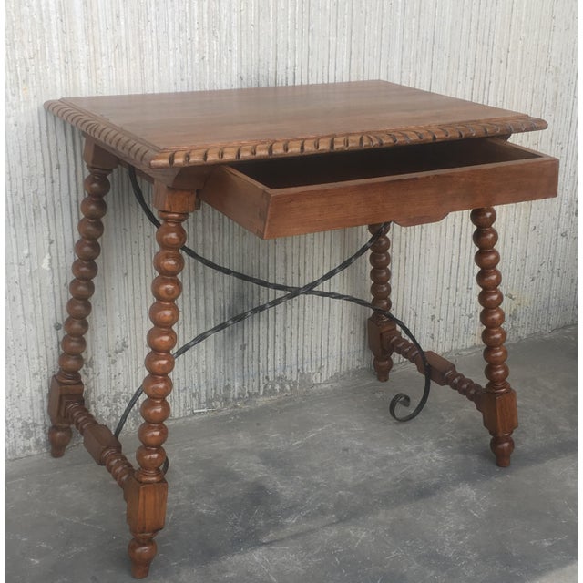 19th Century Spanish Farm Table with Iron Stretchers, Hand Carved Top and Drawer For Sale - Image 17 of 18