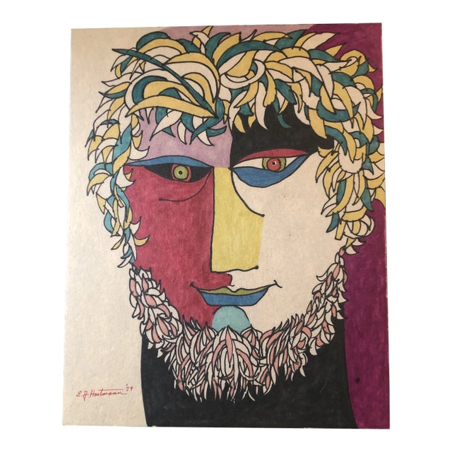 Original Vintage Colored Felt Marker Pop Art Portrait Drawing 1970’s For Sale