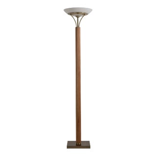 Tambo Torchiere Floor Lamp - Natural Ash Wood Finish, Weathered Brass, Dimmer For Sale