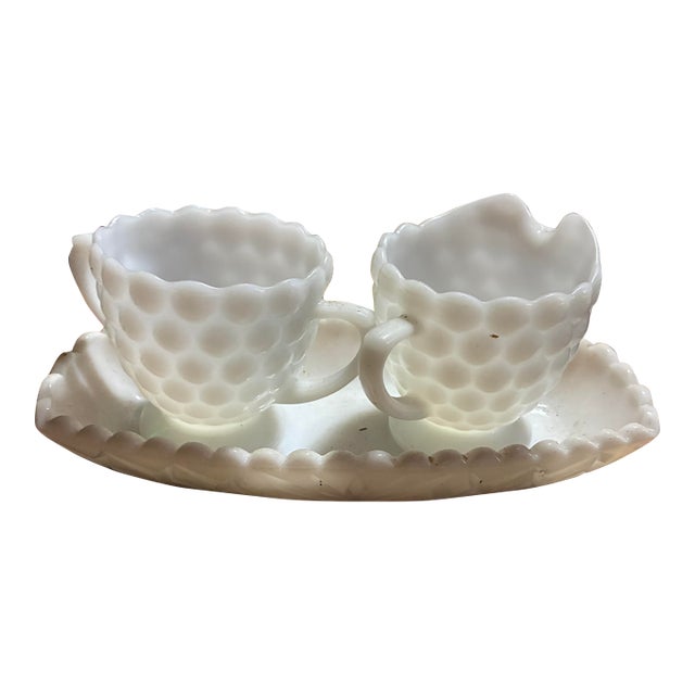 Vintage Milk Glass Creamer and Sugar Set With Tray - 3 pcs For Sale