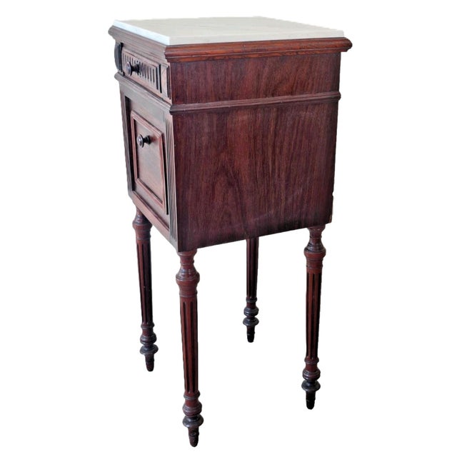 Antique French 1920s Marble Top Nightstand Mahogany Bedside Cabinet For Sale - Image 12 of 18