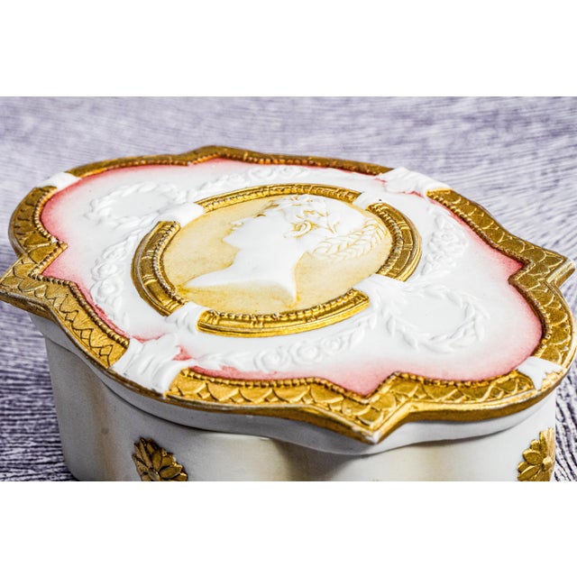 Stunning Hand Painted German Porcelain Antique Victorian Neoclassical Design Jewelry Dresser Box For Sale - Image 4 of 15