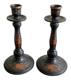 1910s Japanese Lacquer Candlesticks With Gilt Floral Decoration - Pair