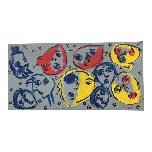 Large Scale Late 20th Century Peter Keil Abstract Faces Acrylic Painting on Board For Sale