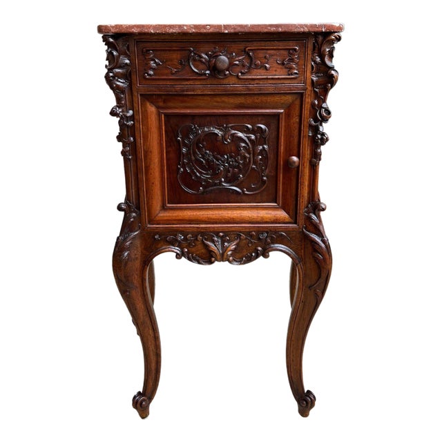 Antique French Nightstand Cabinet Marble Top Louis XV Carved Walnut C1890 For Sale