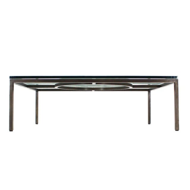 Massive heavy built mid century modern decorative coffee table with thick glass top. Heavy high quality craftsmanship...