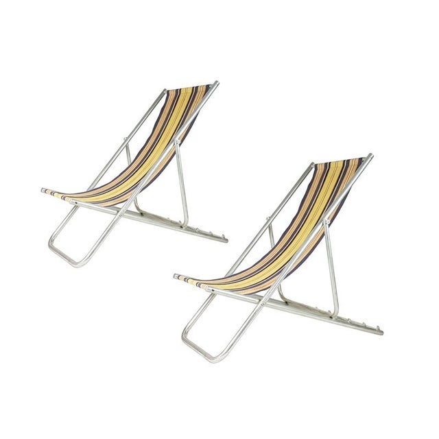 Metal Italian Fabric & Aluminum Deck Chairs, 1950s, Set of 2 For Sale - Image 7 of 18