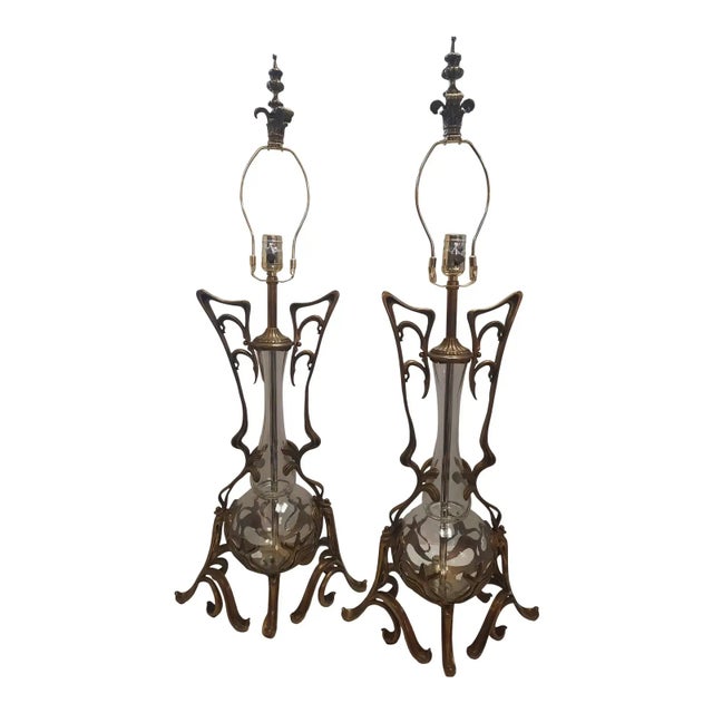 Metal Pair of Vintage Art Nouveau Lamps For Sale - Image 7 of 8