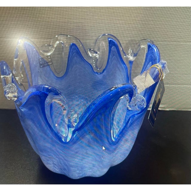 Italian Vintage Italian Blue and Clear Art Glass Bowl White Cristal Made in Italy For Sale - Image 3 of 6