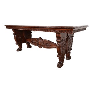 R. J. Horner Style Antique Italian Renaissance Carved Walnut Desk or Library Table With Lion Paw Feet, Circa 1890s For Sale