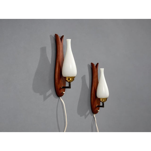 1960s Danish Modern, Wall Lights or Sconces, Teak, Brass, Opal Glass For Sale - Image 4 of 10