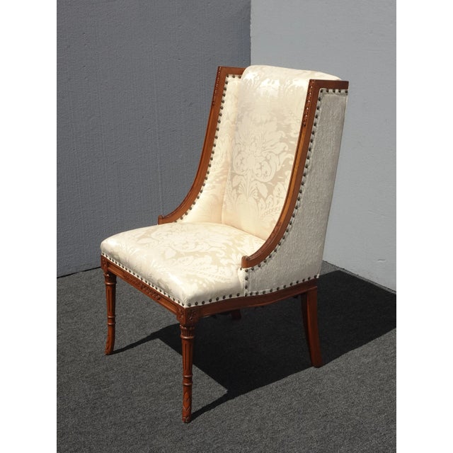 1980s Vintage Traditional French White Silk Damask Accent Chair W Decor Nails For Sale - Image 5 of 13