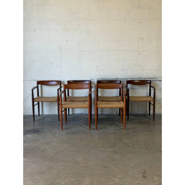 Mid-Century Modern In Style of h.w. Klein for Bramin Teak and Rosewood Woven Cord Dining Armchairs Set of 6 Danish Mid-Century Modern 1960s For Sale - Image 3 of 10