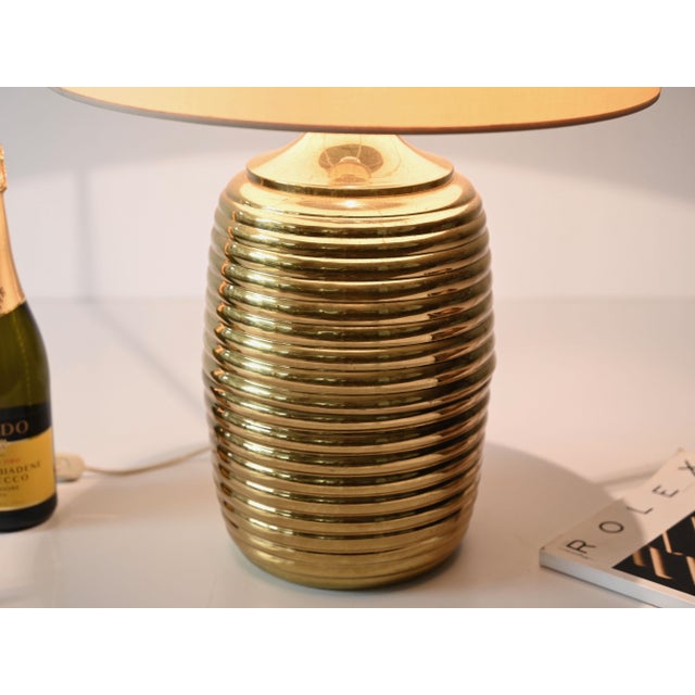 Mid-Century Italian Table Lamp in Brass with Beige Lampshade by Tommaso Barbi, 1970s For Sale - Image 3 of 16