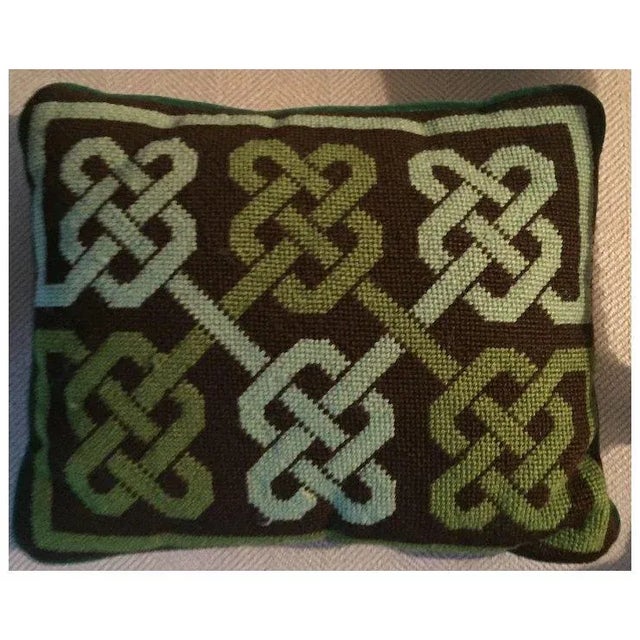Mid-Century Modern Vintage Needlepoint Wool Pillow With Geometric Knot Design in Shades of Green and Brown For Sale - Image 3 of 10