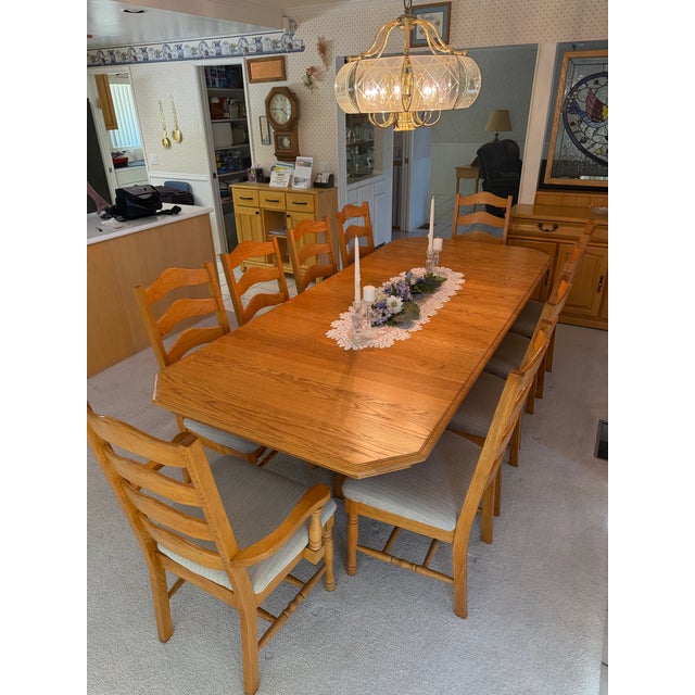 Cherrico Solid Oak Dining Set – 3 table leafs, 10 Chairs (2 Captain’s Chairs) – Excellent Condition 103" long with table...