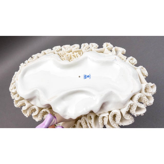 Antique White Early 19th Century Dresden Germany Large Ballerina Holding Flower Porcelain Lace Figurine (Read) For Sale - Image 8 of 11
