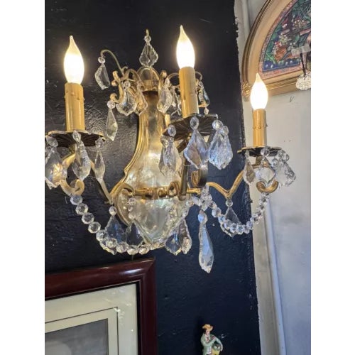 Pair of 1980s Contemporary Rococo Style Brass and Crystal Bi Level Three Light Sconces For Sale - Image 12 of 12