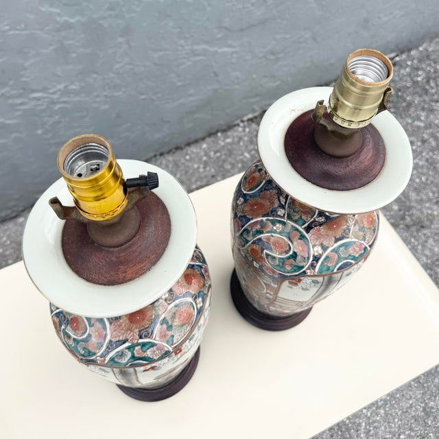 1980s Vintage Chinese Hand Painted Porcelain Table Lamps - A Pair For Sale - Image 5 of 6