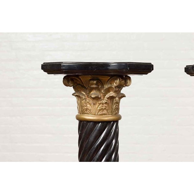 Mid 20th Century Pair of Black Carrara Marble Twisted Pedestals with Bronze Corinthian Capitals For Sale - Image 5 of 15