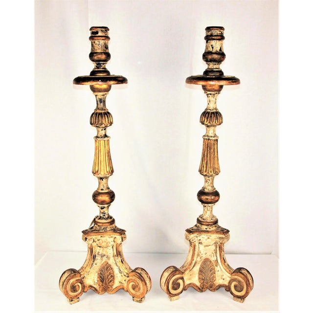 Wood Vintage Tall Painted Candlesticks with Lamp Bases- a Pair For Sale - Image 7 of 7