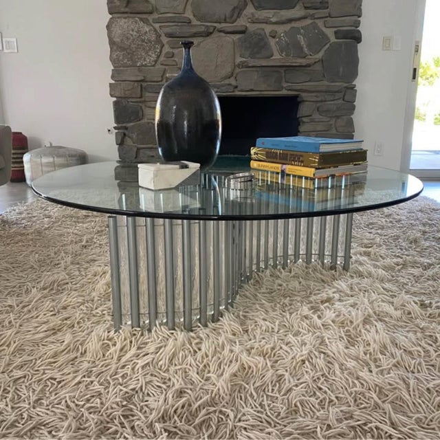 Art Deco Post-Modern Glass Coffee Table Serpentine Picket Base of Frosted Lucite and Chrome Rods For Sale - Image 3 of 6