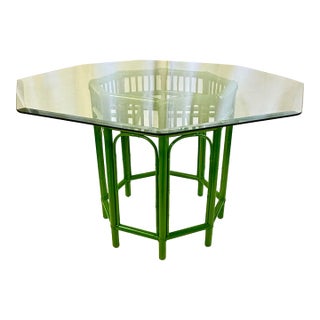 Vintage Brighton Pavilion Bamboo Green Octagonal Dining Table With Glass Top - Newly Painted For Sale