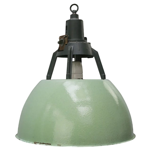 Vintage Industrial Green Enamel Pendant Light For Sale