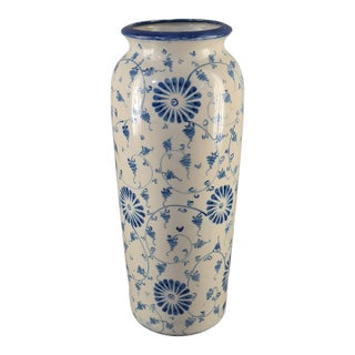 Vintage Pottery Blue & White Hand Painted Floral 17.5'' Tall Floor Table Vase For Sale