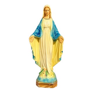 Vintage Madonna Statue, Hand Painted Ceramic Virgin Mary Figure, 16.5" For Sale