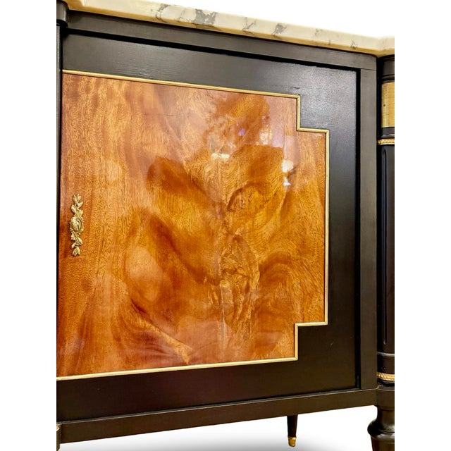 Wood French Louis XVI Style Black Lacquered Sideboard Credenza With Marble Top and Burled Walnut For Sale - Image 7 of 17